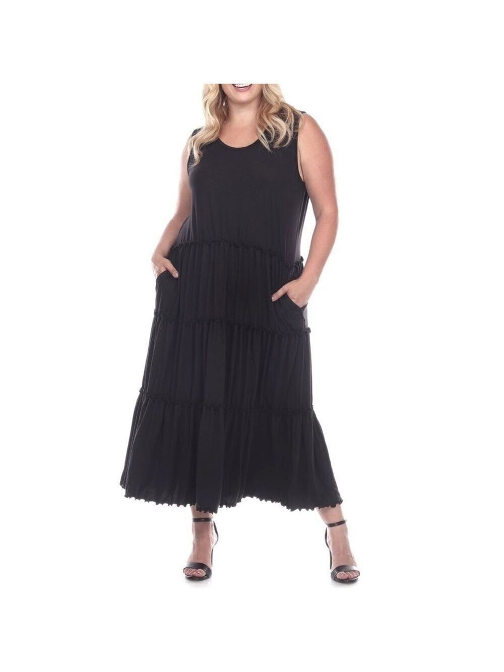 Bohemian White Mark Tiered Midi Dress Plus Size 1X Black Scoop Neck Stretch LBD